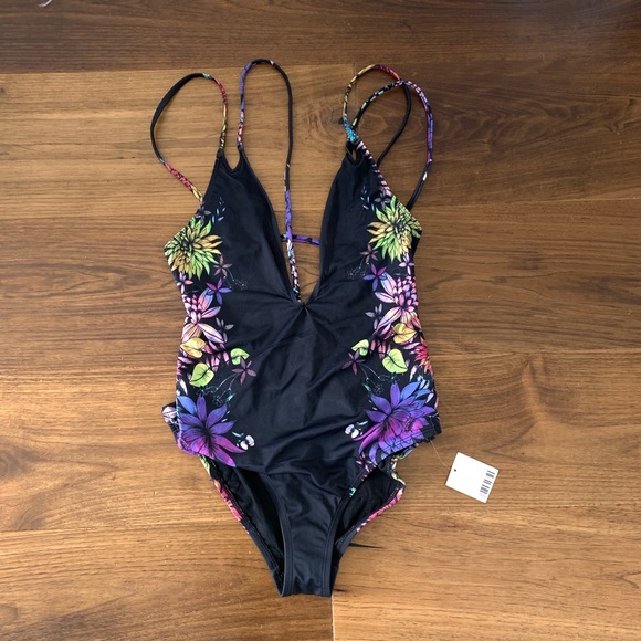 NWT UO Deep Plunging Floral Strappy Black Swimsuit - Picture 2 of 4
